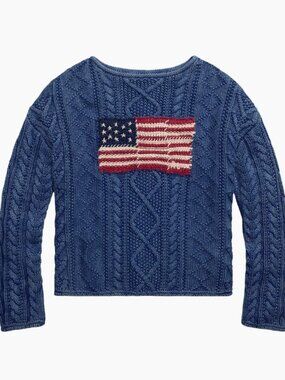 Polo Ralph Lauren Flag-Embroidered Knit Sweater Indigo Multi- NWT Size Medium